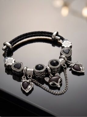 Gothic Fox Charm Bracelet - Braided Leather & Silver Tone Rhinestones (6”-8”)